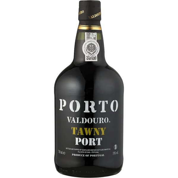 Valdouro Tawny Port in a black bottle with white text.