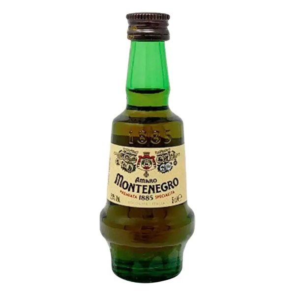 Amaro Montenegro in a green glass 5cl Miniature bottle with a cream label.