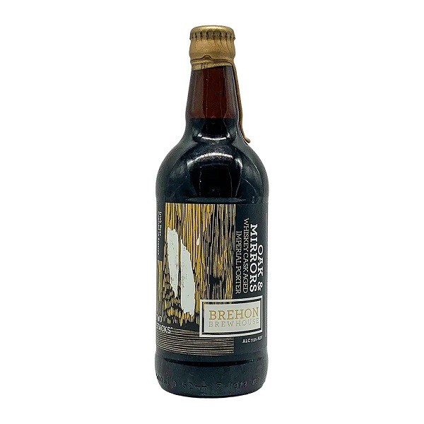 Brehon Brewhouse Oak and Mirrors Whiskey Cask Aged Imperial Porter in a brown bottle with a black, brown and white label and a gold wax top.