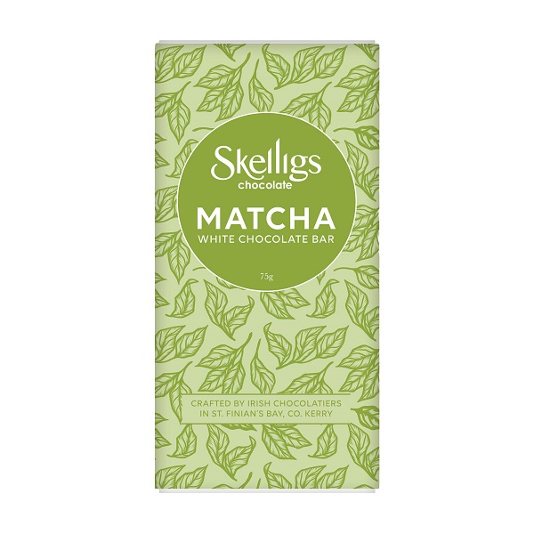Skelligs Chocolate White Chocolate Matcha Bar with a green paper wrapping and white text.