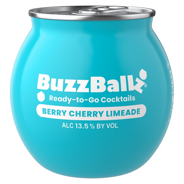 Buzzballz Berry Cherry Limeade in a blue round container with white text.