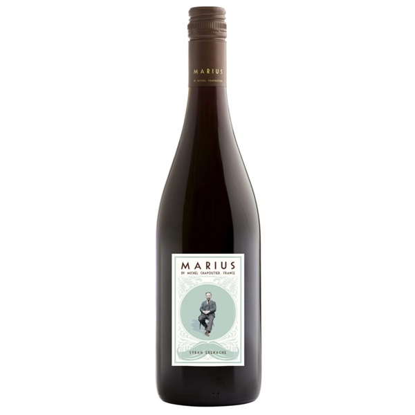 M. Chapoutier Marius Syrah Grenache red wine in a dark bottle with a man on a blue and white label.