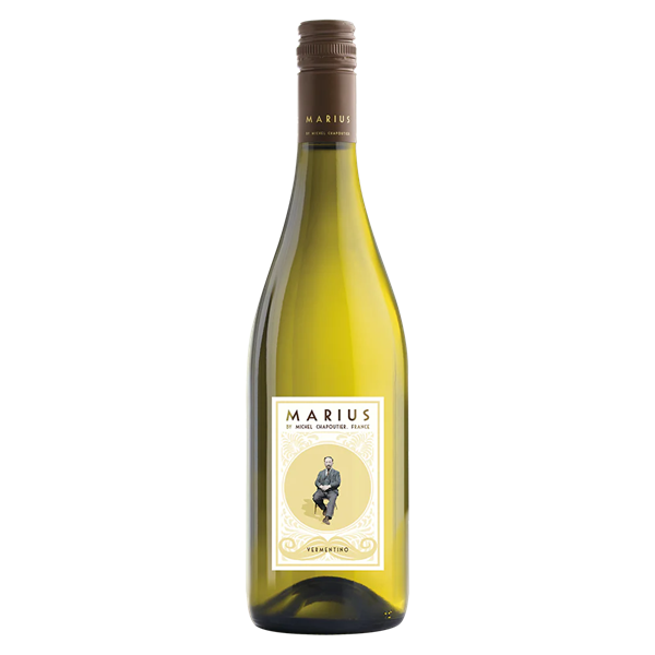 M. Chapoutier Marius Vermentino white wine in a green bottle with a man on a white and yellow label and a brown top.