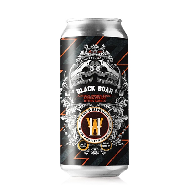 White Hag Black Boar Oatmeal Imperial Stout Aged in Orange Bitters Barrels in a black can with white patterns and white text.