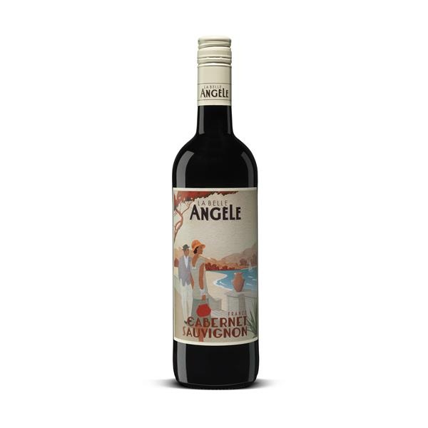La Belle Angele Cabernet Sauvignon red wine with a man and a woman standing by a lake on a picturesque label.