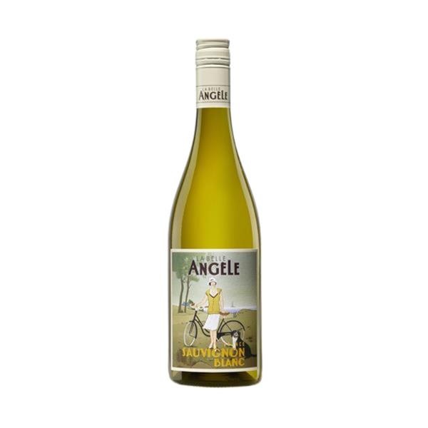 La Belle Angele Sauvignon Blanc white wine in a green bottle with a lady standing by a bike on a scenic label.