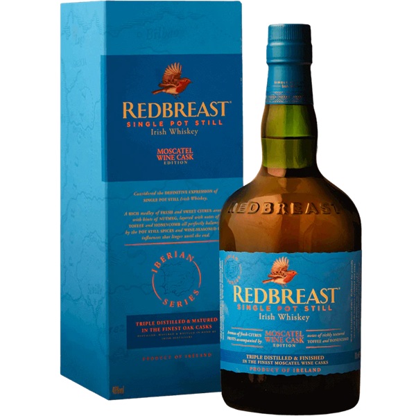 Redbreast Moscatel Wine Cask Edition in a dark bottle with a blue label and a blue box.