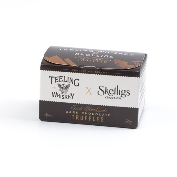 Skelligs Chocolate Teeling Irish Whiskey Truffles in a brown and white box.
