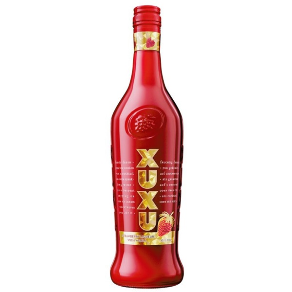 Xuxu Strawberry Liqueur in a red bottle with gold text.