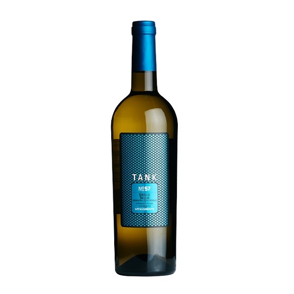 Tank 57 Grillo Sicilia Appassimento in a brown glass bottle with a blue label.