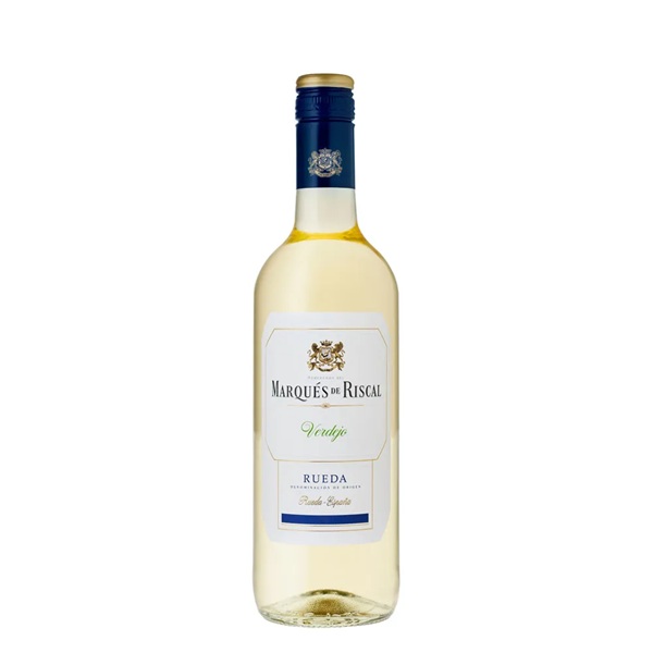 Marqués de Riscal Verdejo white wine in a clear bottle with a white label.