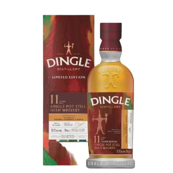 Dingle Distillery 11 Year Old Single Pot Still Irish whiskey with a red box and a red label on bottle with white text.