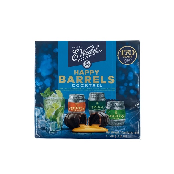 E.Wedel Happy Barrels Cocktail Flavours chocolate liqueurs in a blue box with cocktail barrels on the cover.