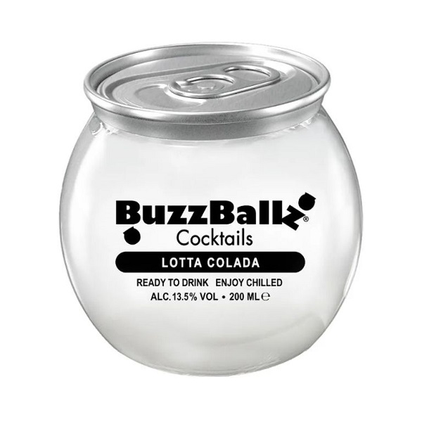 Buzzballz cocktails Lotta Colada in a white round ball container with a metal top and black text.