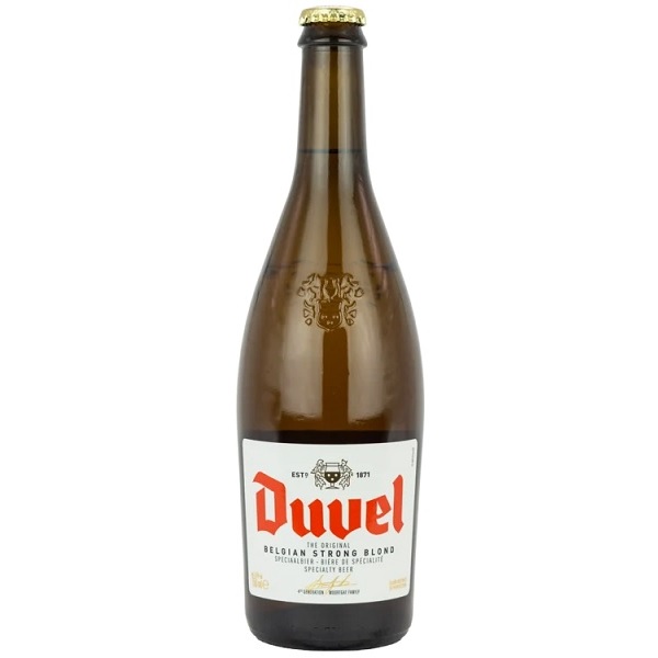 Duvel Strong Blond in a dark brown bottle with a white label and red text.