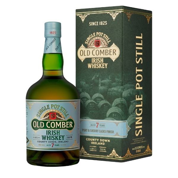 Old Comber 7 Year Old Single Pot Still with a green box and a green bottle with a light blue label and green and white text.