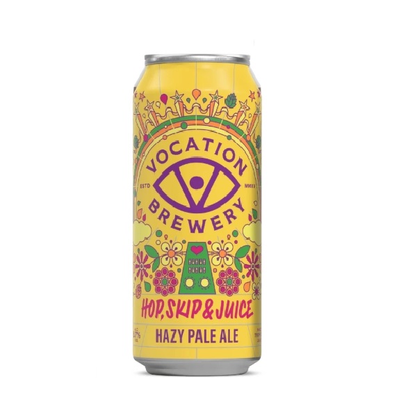Vocation Hop, Skip and Juice Hazy Pale Ale in a yellow can with colourful flowers and purple and red text.