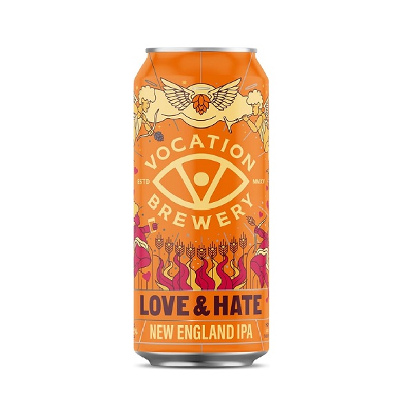 Vocation Love and Hate New England IPA in an orange can with gold text and cupid angels on label.