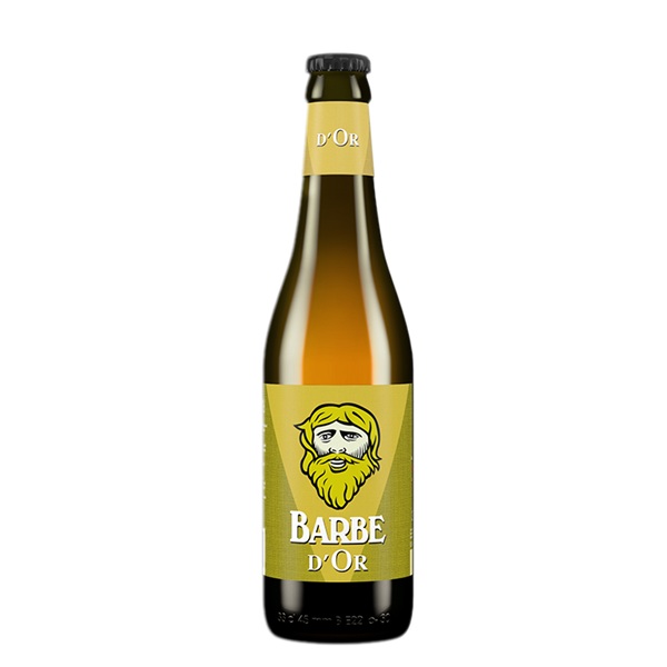 Barbe D'or in a brown bottle with a bearded man on a yellow label.