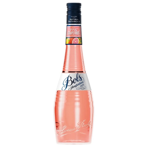 Bols Pink Grapefruit Liqueur in a clear bottle with pink liqueur and a white label with dark blue text.