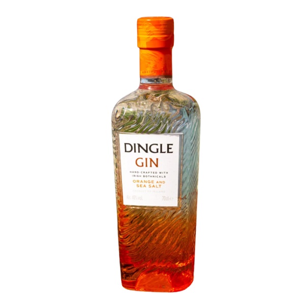 Dingle Orange and Sea Salt Gin in a clear glass and orange bottle, an orange top and a white label with black and orange text.