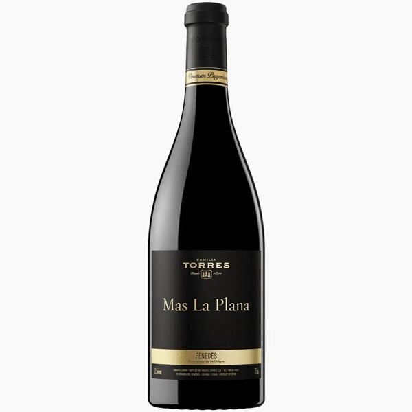 Torres Mas La Plana in a dark bottle with a black label and gold text.