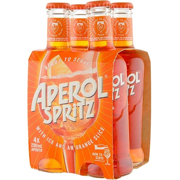 Aperol Spritz in an orange pack with white text and a glass with orange.