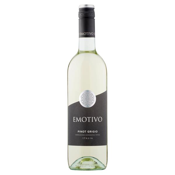 Emotivo Pinot Grigio in a clear bottle with a black label.