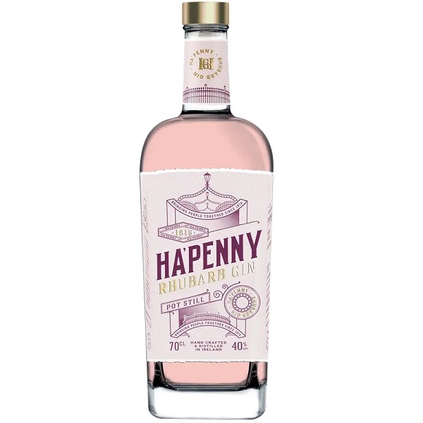 Ha'Penny Rhubarb Gin in a pink colour with a light pink label and pink and gold text.