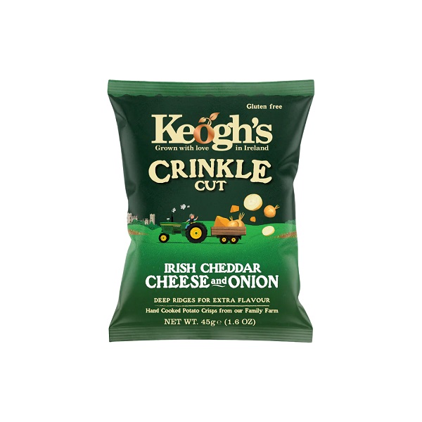 Keogh's Crinkle Cut Irish Cheddar and Onion crisps in a green bag with white text.