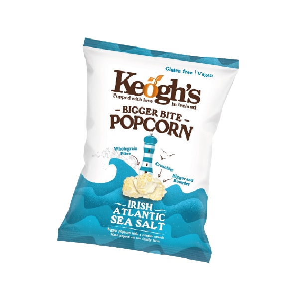 Keogh's Irish Atlantic Sea Salt Popcorn in a blue and white bag with brown text.