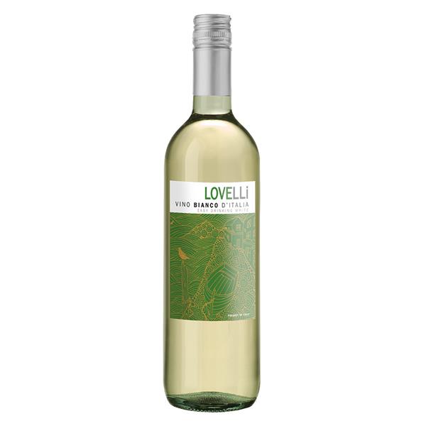 Lovelli Vino Blanco in a clear bottle with a green label and silver top.