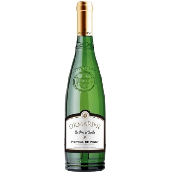 Ormarine Picpoul de Pinet in a green bottle with a gold top and a white label with black and gold text.