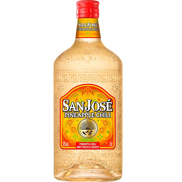 San Jose Pineapple Chili Tequila Liqueur in a light golden colour with an orange and yellow label and white text.