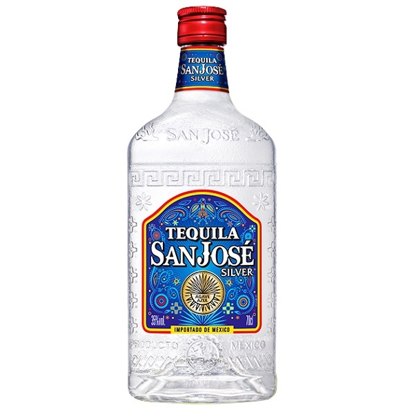 San Jose Tequila Silver in a clear bottle with designs on the glass and a blue label.