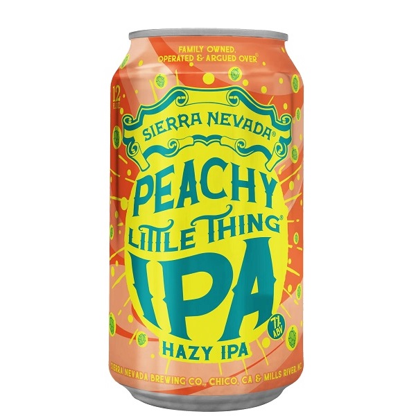 Sierra Nevada Peachy Little Thing IPA in an orange and yellow can with blue text.