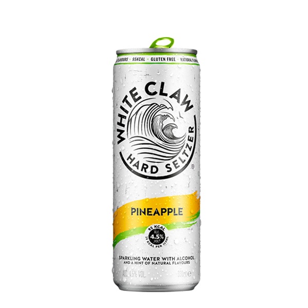 White Claw Hard Seltzer Pineapple in a white can with a yellow strip and black text.