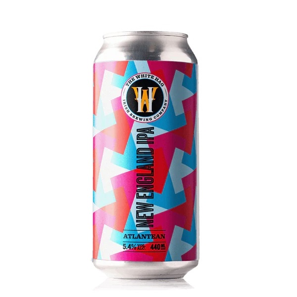 The White Hag Atlantean New England IPA in a pink red and blue patterned can with white text.
