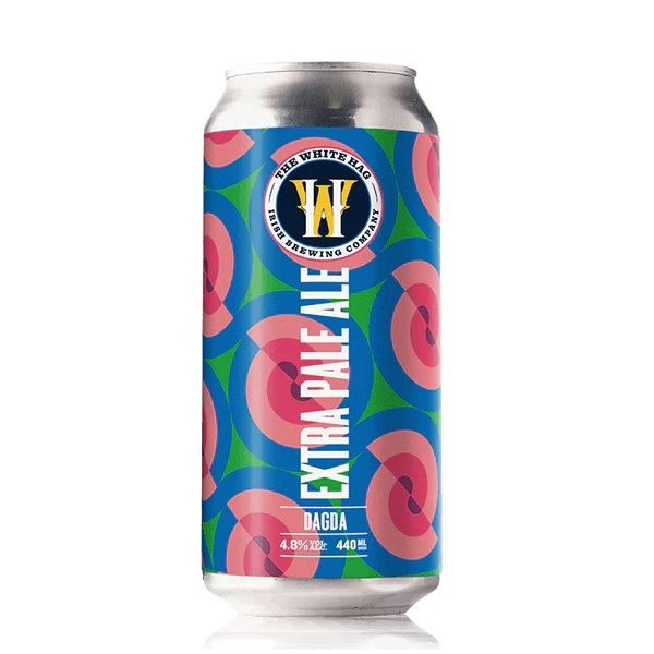 The White Hag Dagda Extra Pale Ale in a pink blue and green patterned can with white text.