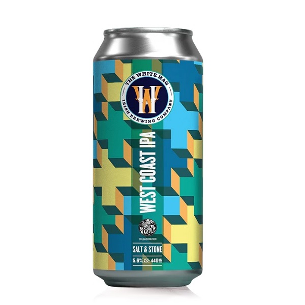 The White Hag Salt and Stone West Coast IPA with yellow, blue and green crosses and white text on label.