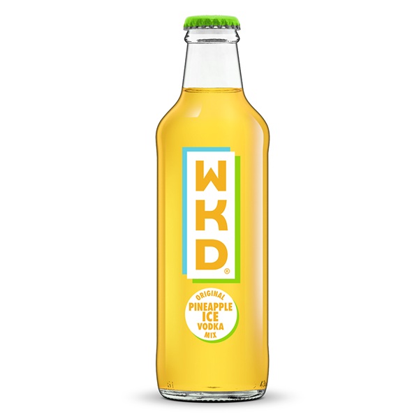 WKD Pineapple Ice with a yellow colour and a white and orange label.