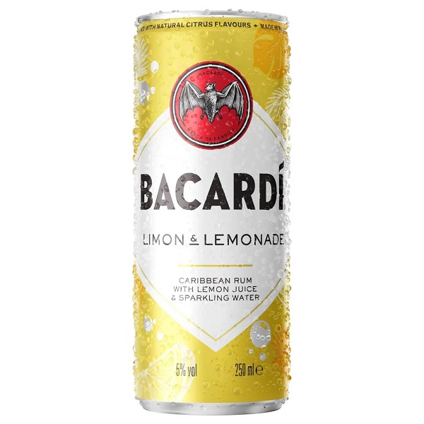 Bacardi Limon and Lemonade in a yellow and white can with black text.