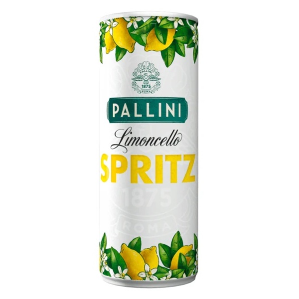 Pallini Limoncello Spritz with leaves and lemons, and yellow and green text on a white can