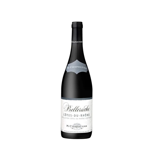 M. Chapoutier Belleruche Côtes-du-Rhône in a dark bottle with black text on a white label.