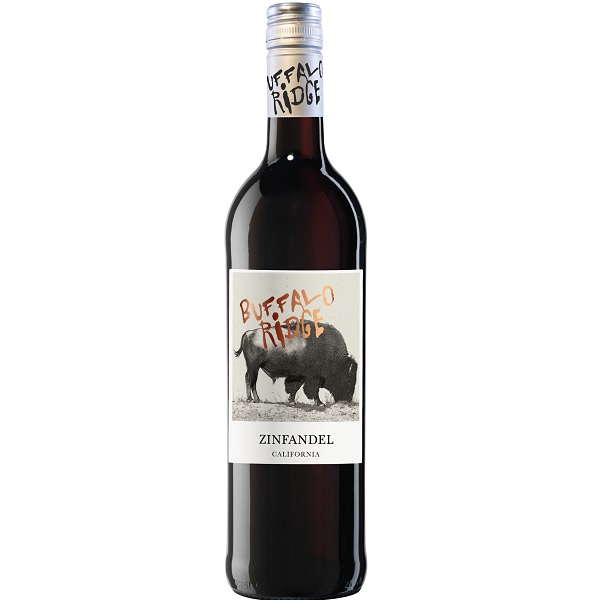 Buffalo Ridge Zinfandel in a dark bottle with a buffalo on a white label.