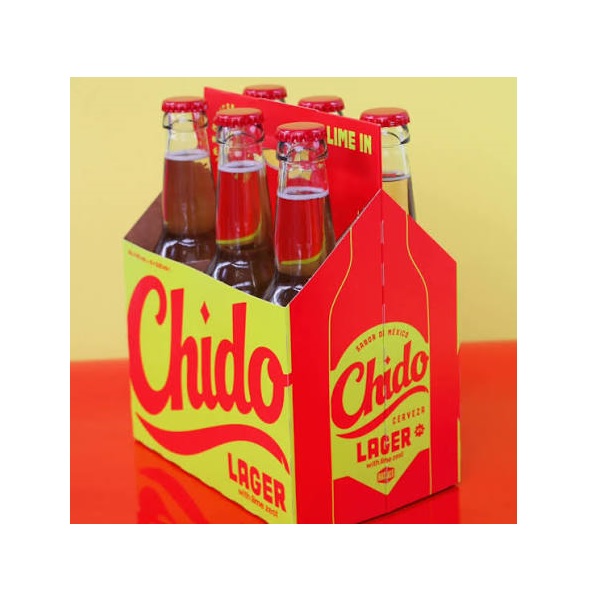 Chido Lager with 6 beer bottles in a red and yellow carrier.
