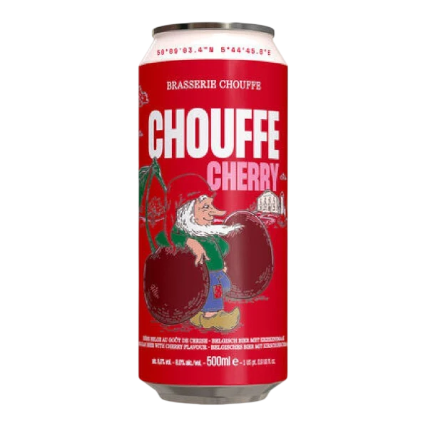 Chouffe Cherry with a gnome on a red can and white text.