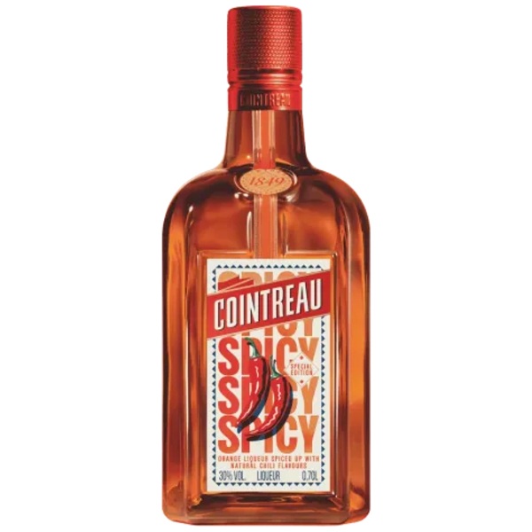 Cointreau Spicy in an amber coloured bottle with an orange and white label.