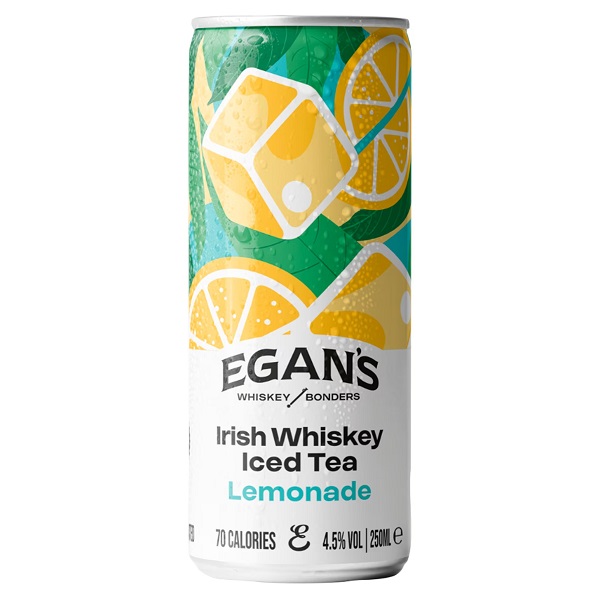 Egan's Irish Whiskey Iced Tea Lemonade with lemons and leaves on a white can and black text.