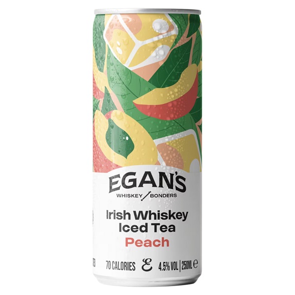 Egan's Irish Whiskey Iced Tea Peach with peaches and green leaves on a white can and black text.